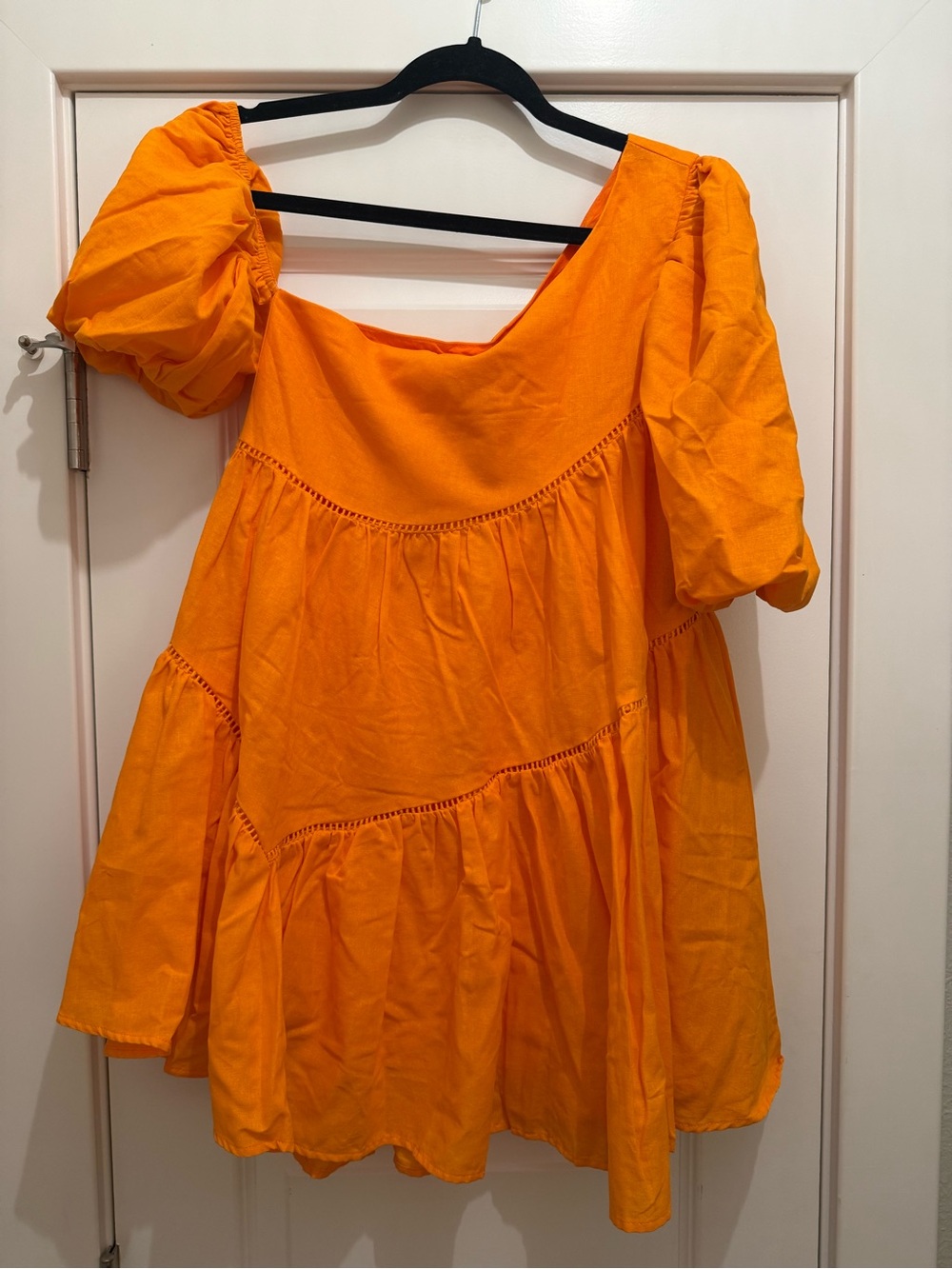SHOWPO | Harleen Mini Dress
Linen Asymmetrical Trim Puff Sleeve Dress In Orange - Picture 7 of 8